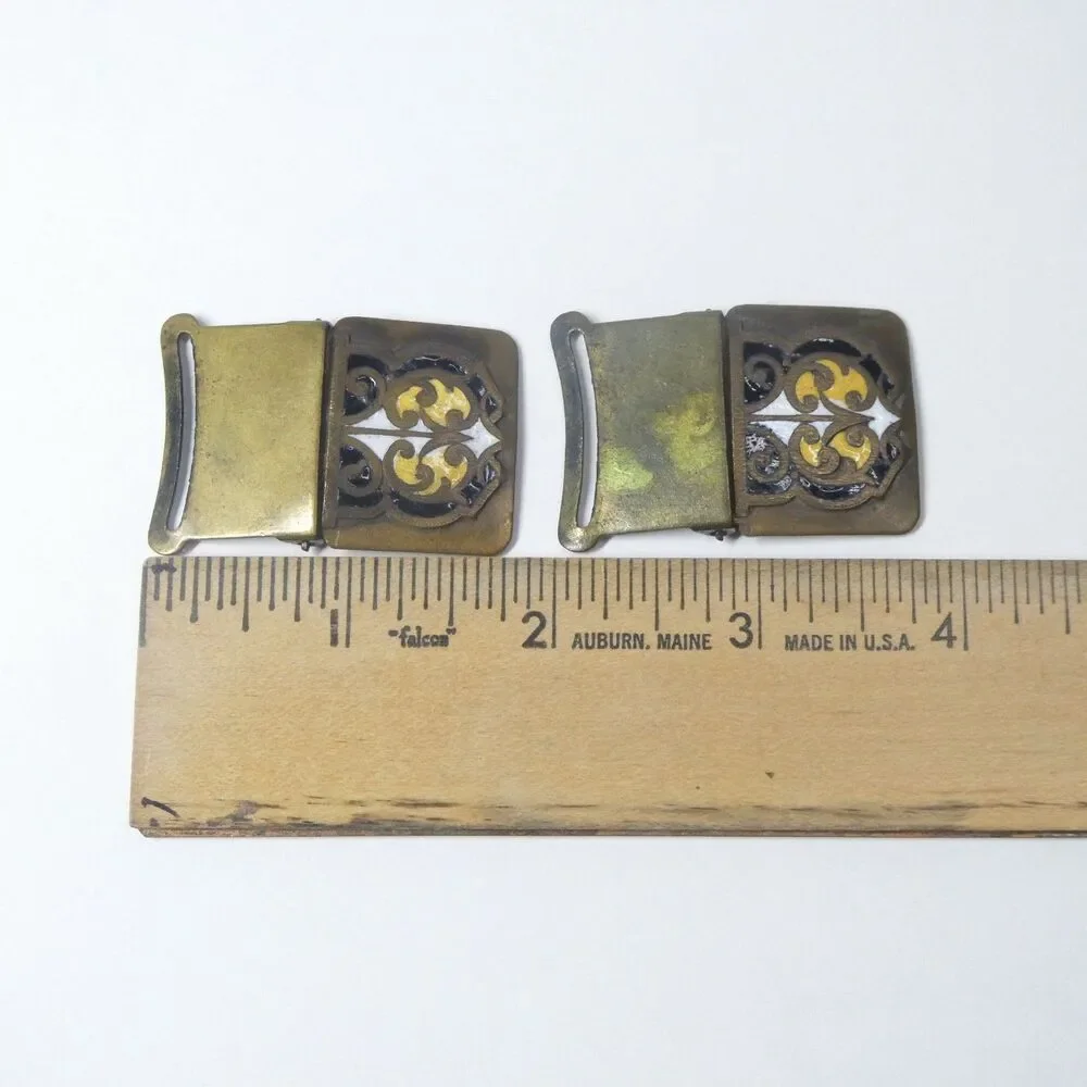 Enameled Brass Buckles Pair Black White Yellow Art Deco Vintage